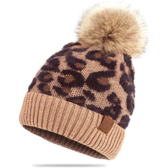 Soft Beanie Hat Leopard Pattern Fur Pom Winter Accessories for Women main image 5